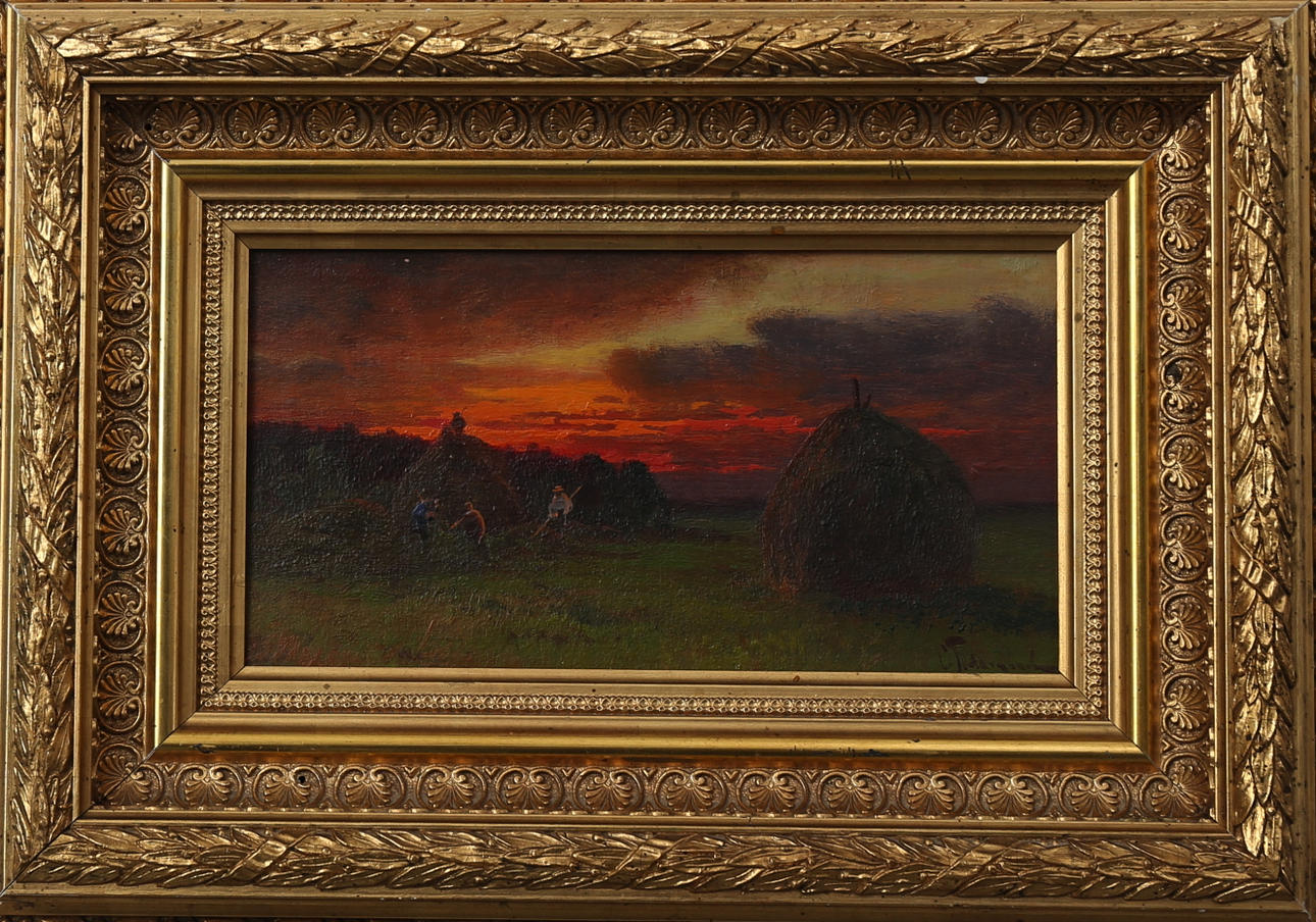 SEMYON PLATONOV. Skördearbetare i solnedgång, olja på pannå, Ryssland, Signerad.