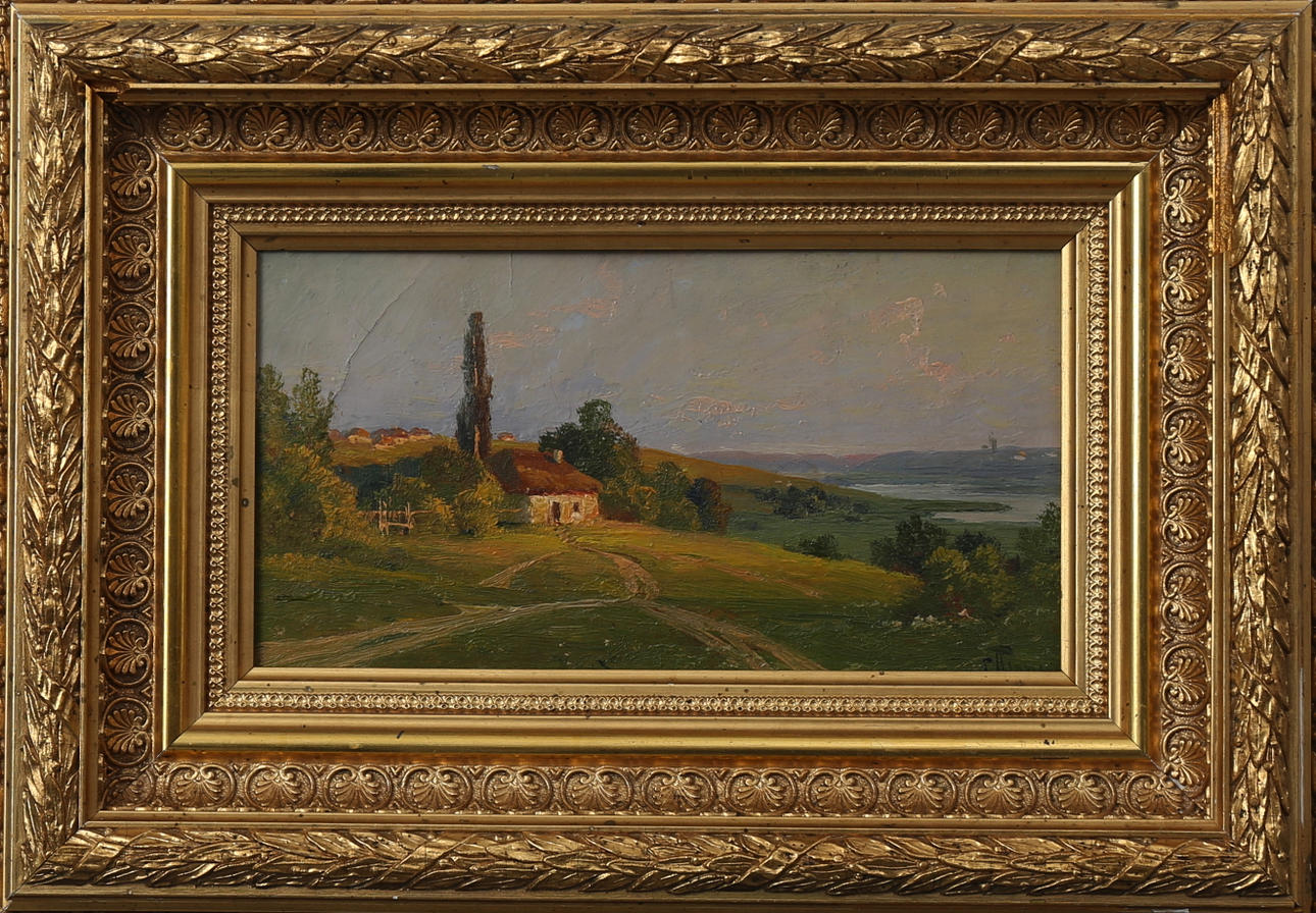 SEMYON PLATONOV. Sommarlandskap vid Donau, olja på pannå, signerad.