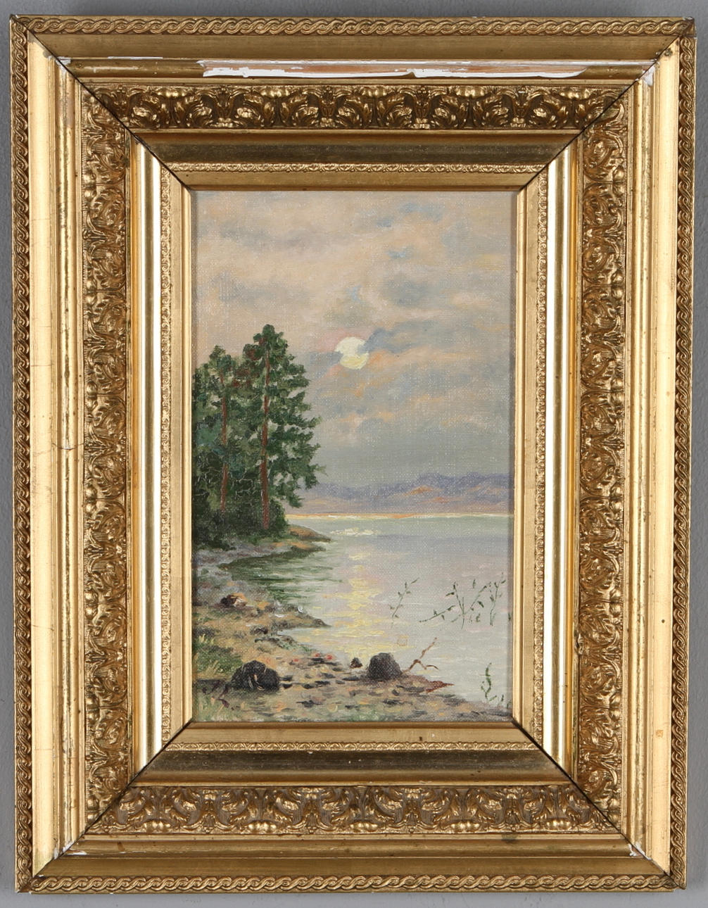 OKÄND KONSTNÄR. kustmotiv med månsken, olja på pannå, 1900-tal.