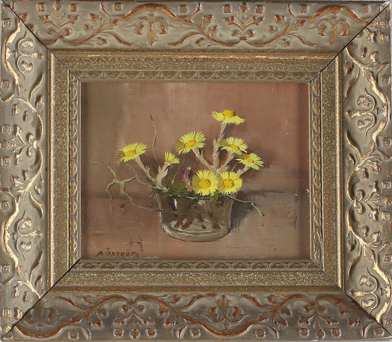 ARVID ÖSTRÖM. Stilleben, tussilago, olja på pannå, signerad.