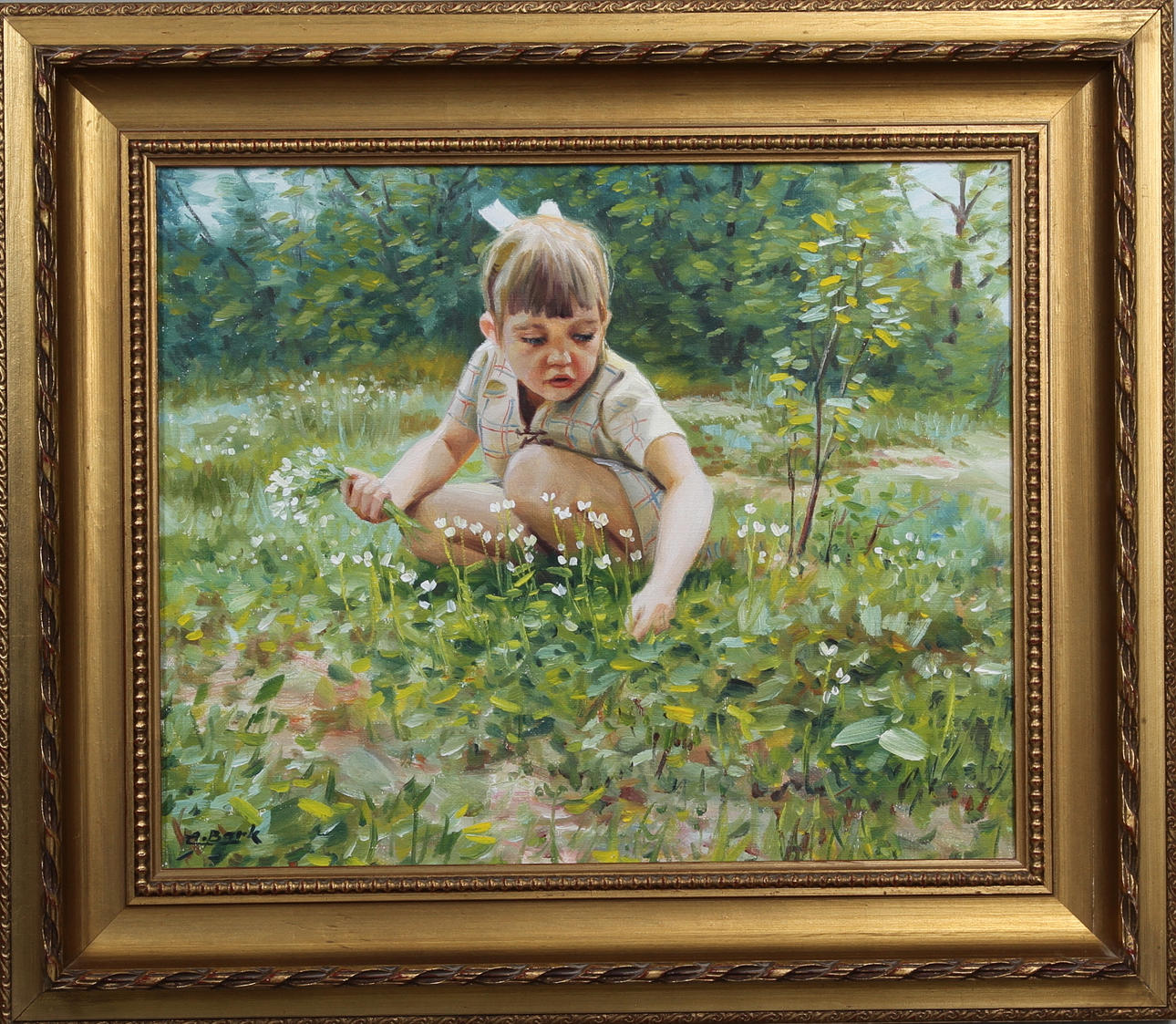 ARNE BARK. flicka plockar blommor, olja på duk, signerad.