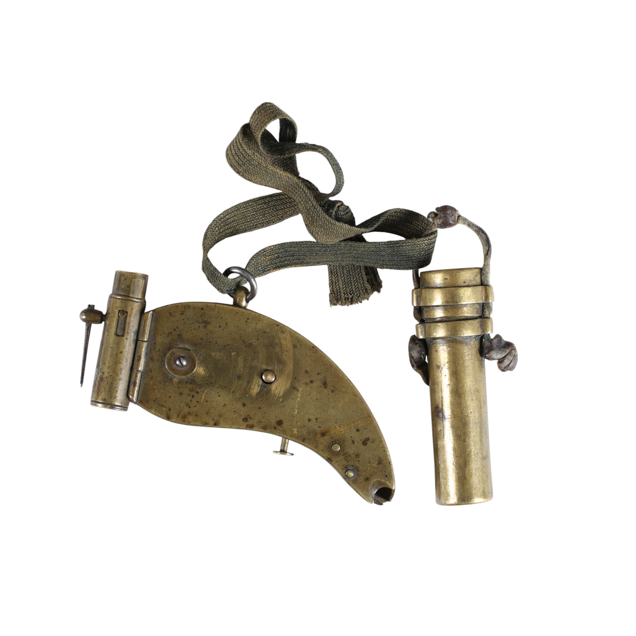 A 19th century brass matchbox and gunpowder case.