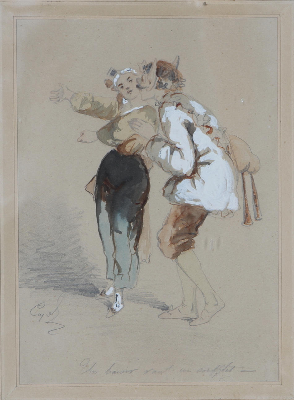 OKÄND KONSTNÄR. Kurtiserande par, blandteknink, otydligt signerad.