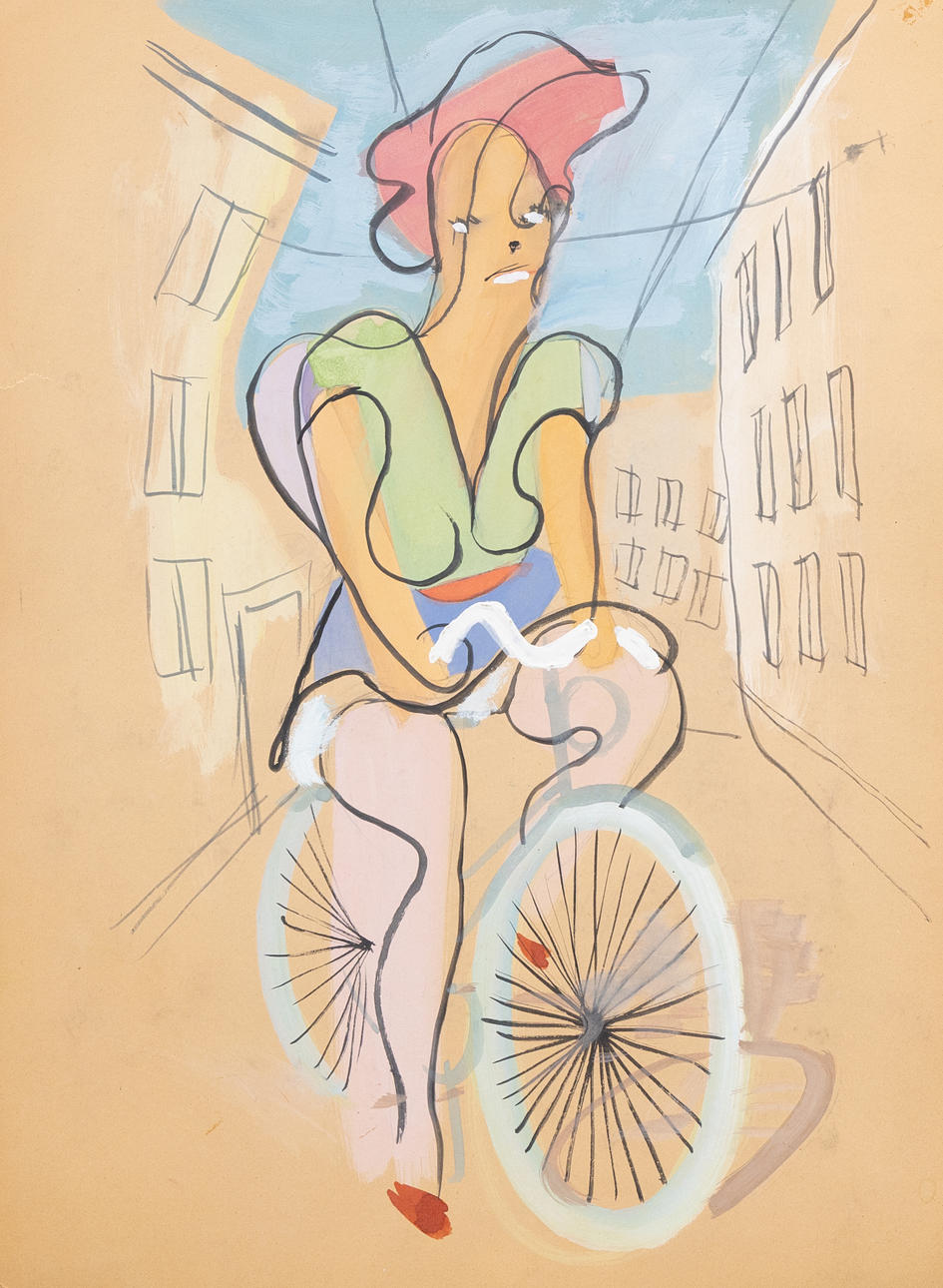 ATTRIBUTED TO AXEL LUND (1919-1997). Cyclists, gouache, unsigned.