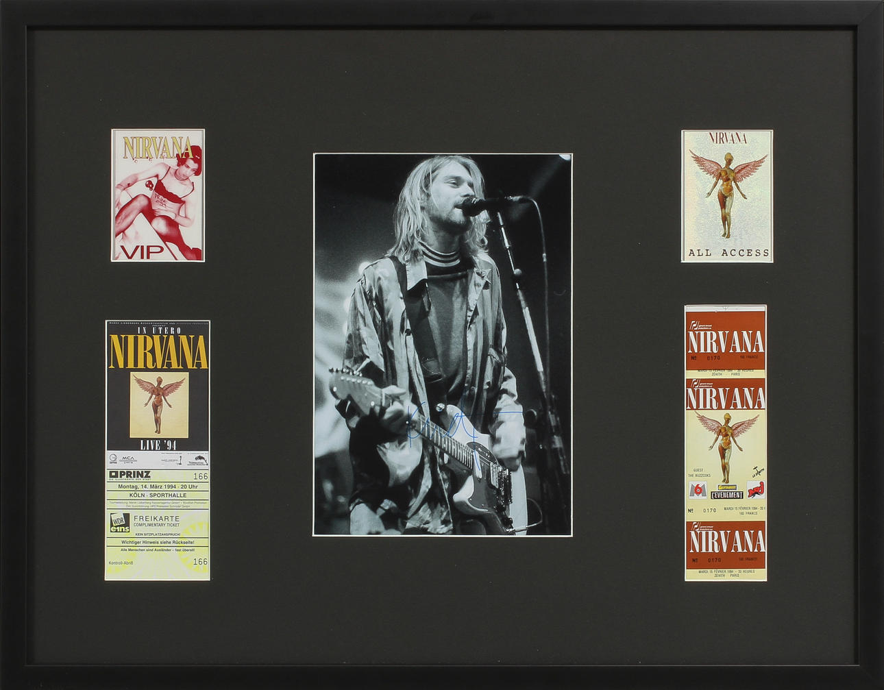 FOTOGRAFI, autograf, Kurt Cobain samt konsertbiljett från februari 1994 med VIP-kort, Autencitetsintyg från AFTAL medföljer.