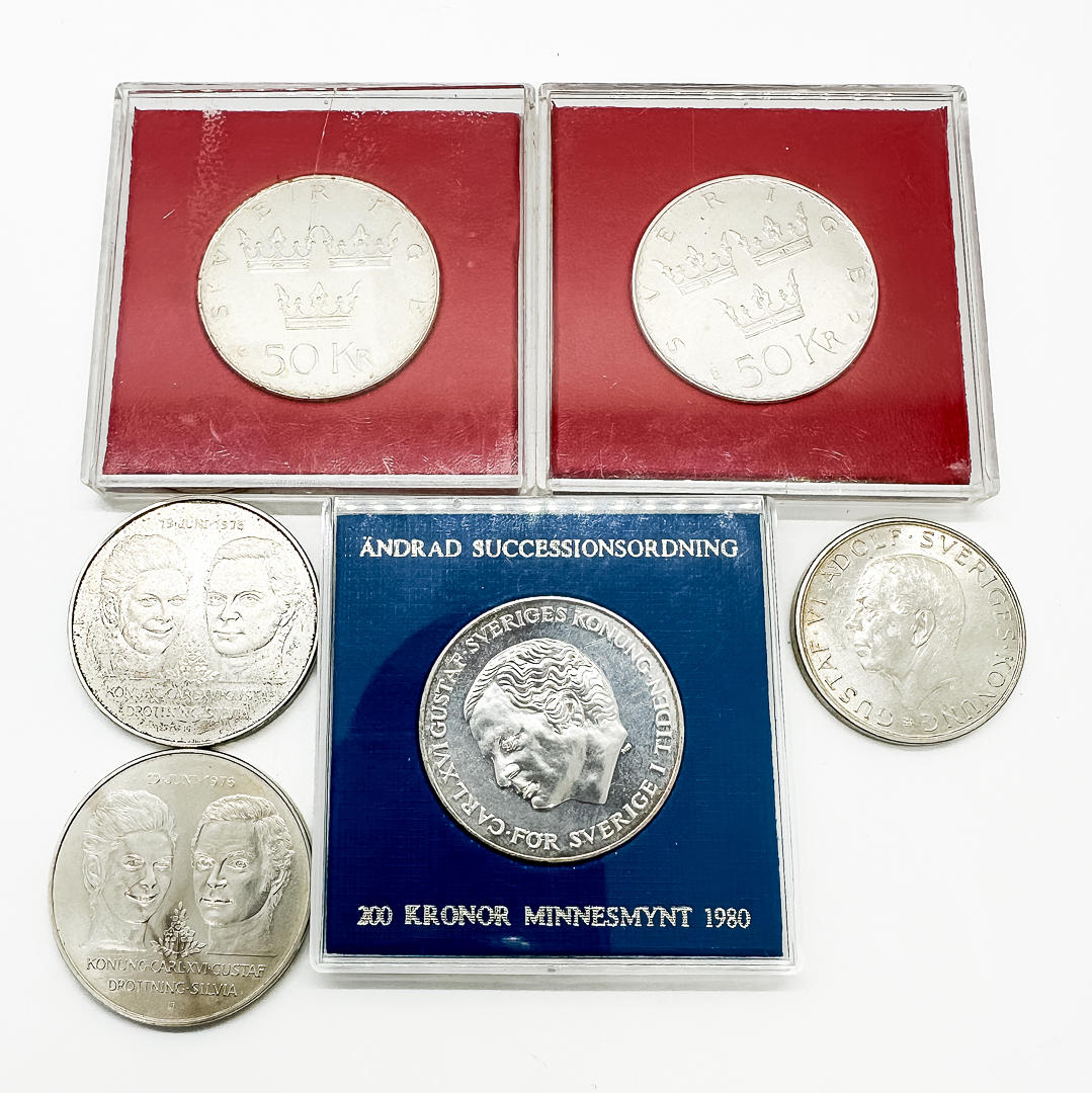 Et sæt med 6 mønter, sølv, Sverige.