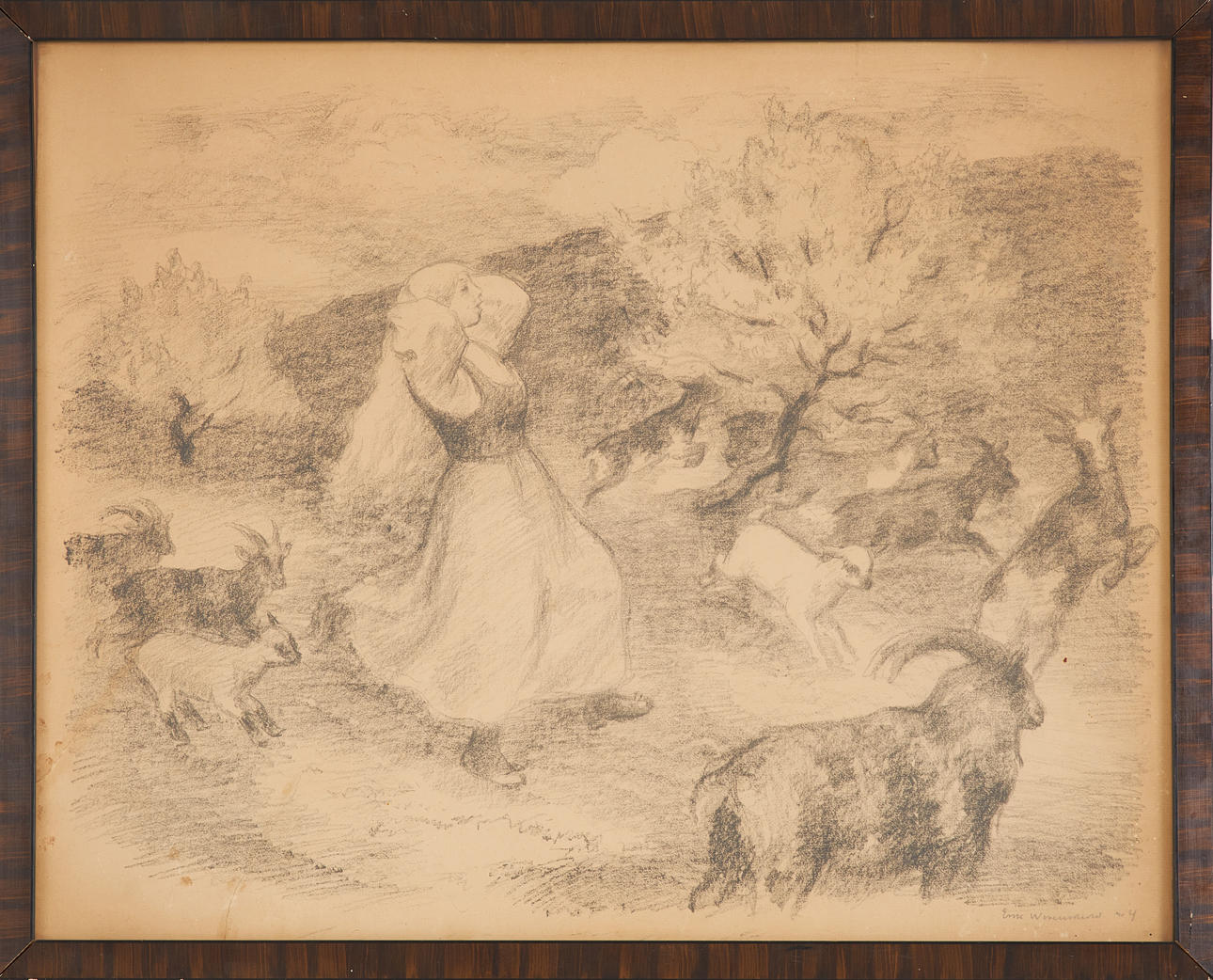 ERIK WERENSKIOLD. (Norway, 1855-1938), Figure scene with goats, lithograph, signed in pencil.
