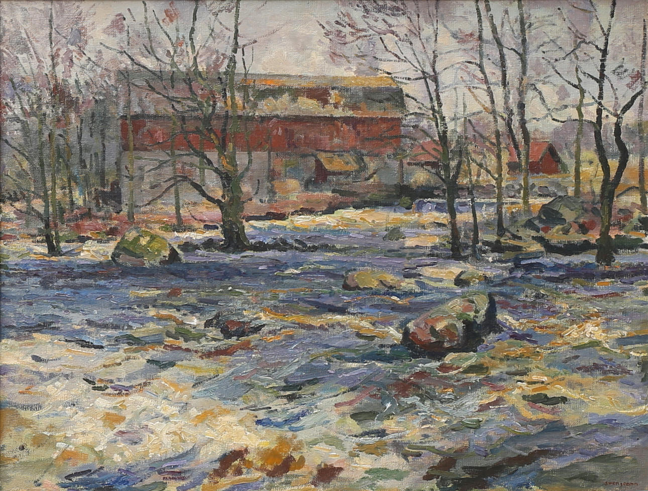 SVEN JOANN. "Nedanför kvarnfallet, Mörrum". Olja på pannå, signerad, daterad 1971 a tergo.