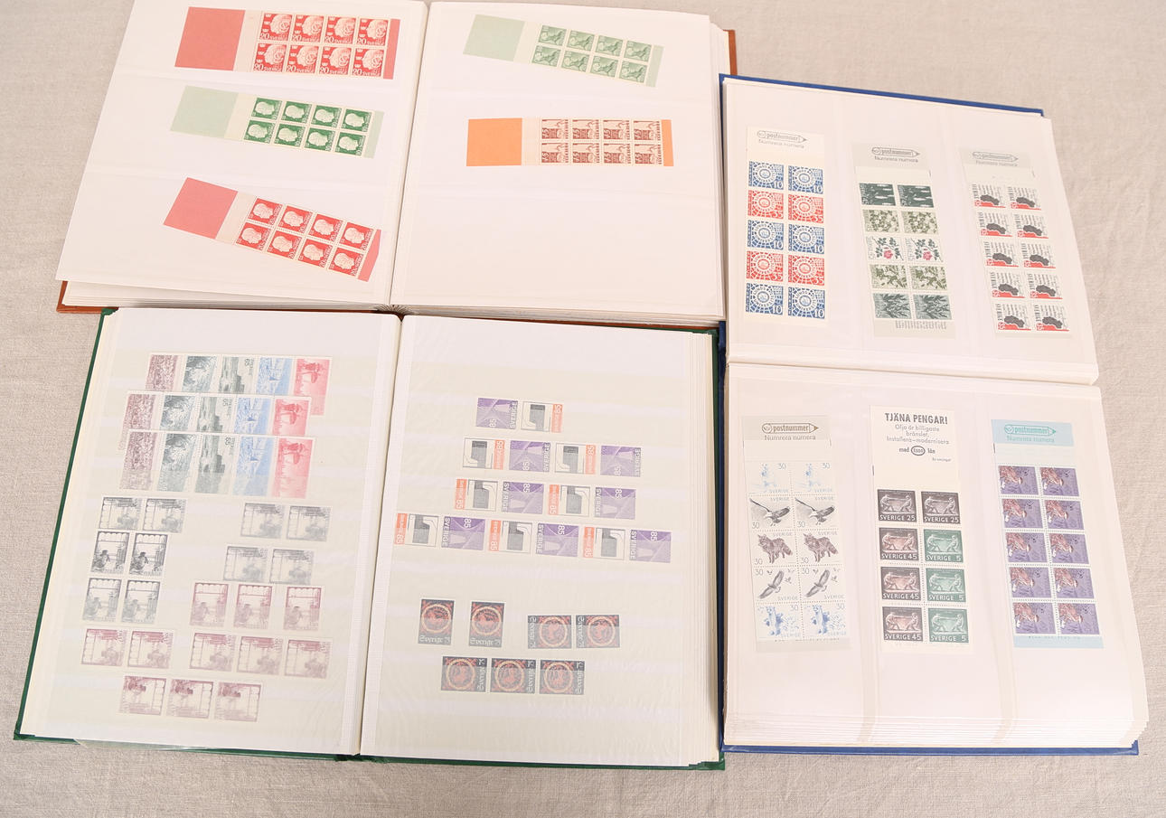 FRIMÄRKSALBUM, 3 st brun+grön+blå, svenska, ostämpalde, 1900-tal, ca 1750 kr.