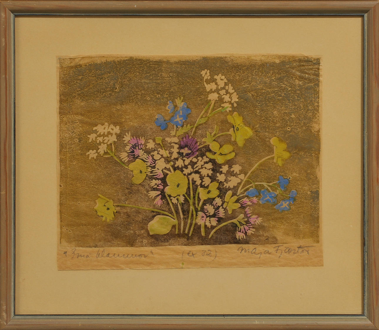 MAJA FJAESTAD. Kolorerat träsnitt, "Små blommor", ex 32, signerad.