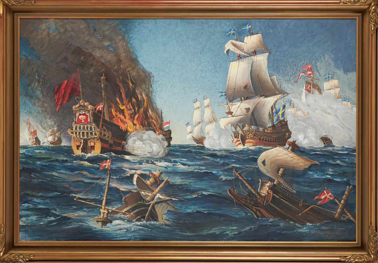 STIG JONZON. “Battle of Fehmarn”, oil on canvas, signed and dated 1938.