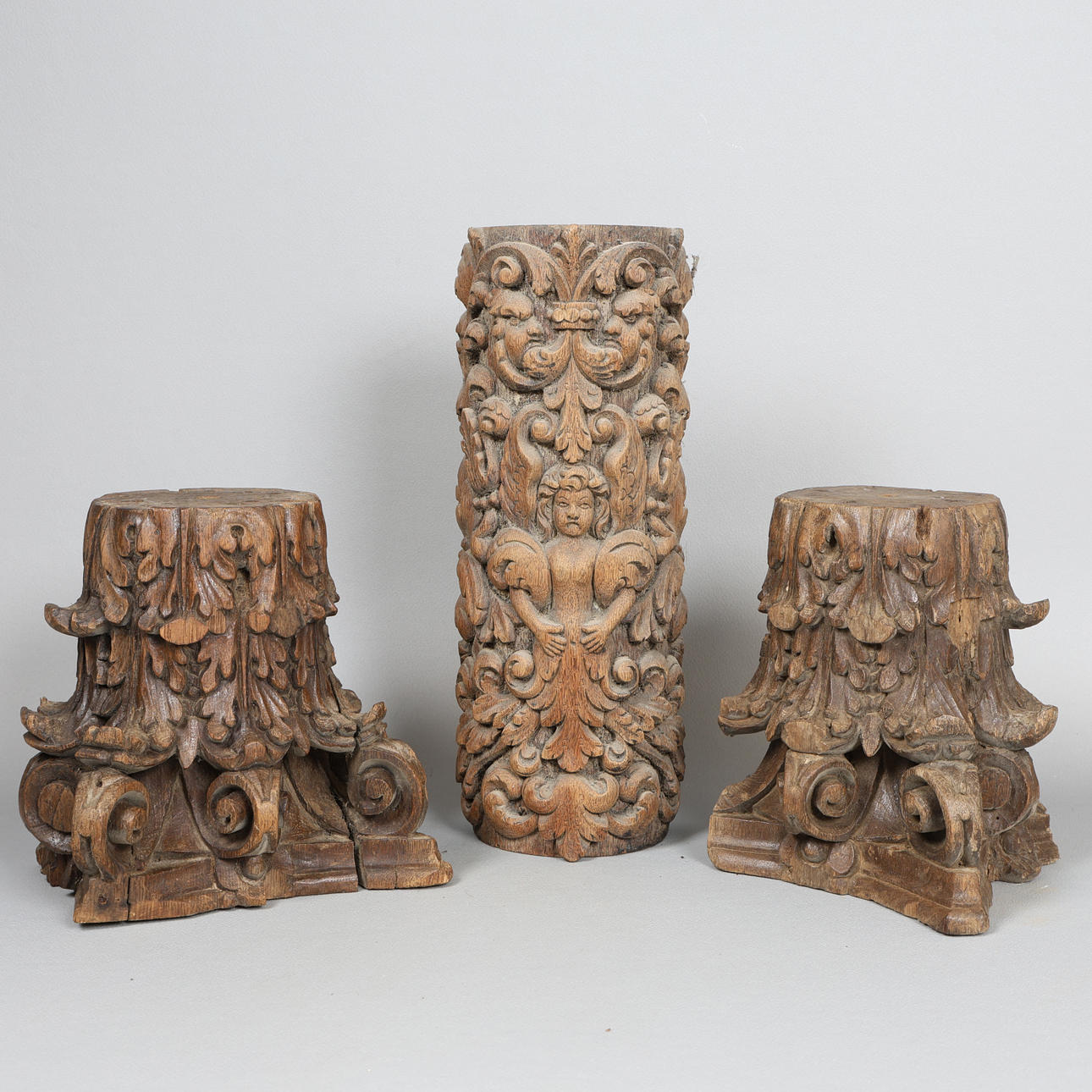 THREE 18TH/19TH CENTURY OAK CARVINGS (3).