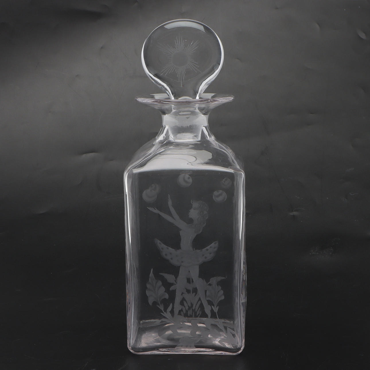 DECANTER WITH STOPPER, glass, engraved decor, signed.