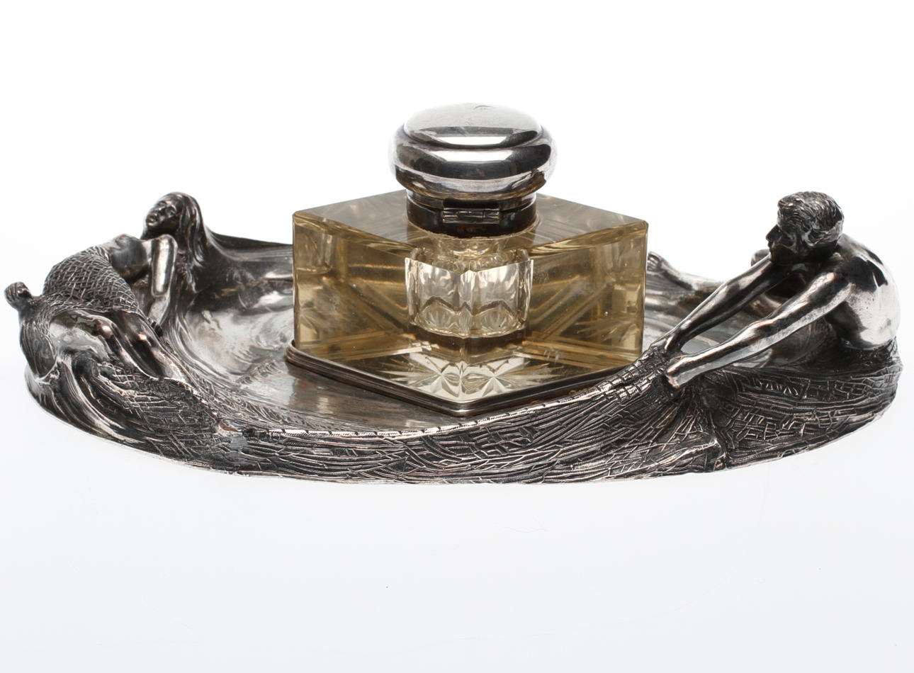 SKRIVSTÄLL, vitmetall och glas, jugend, BG Imperial, tidigt 1900-tal.