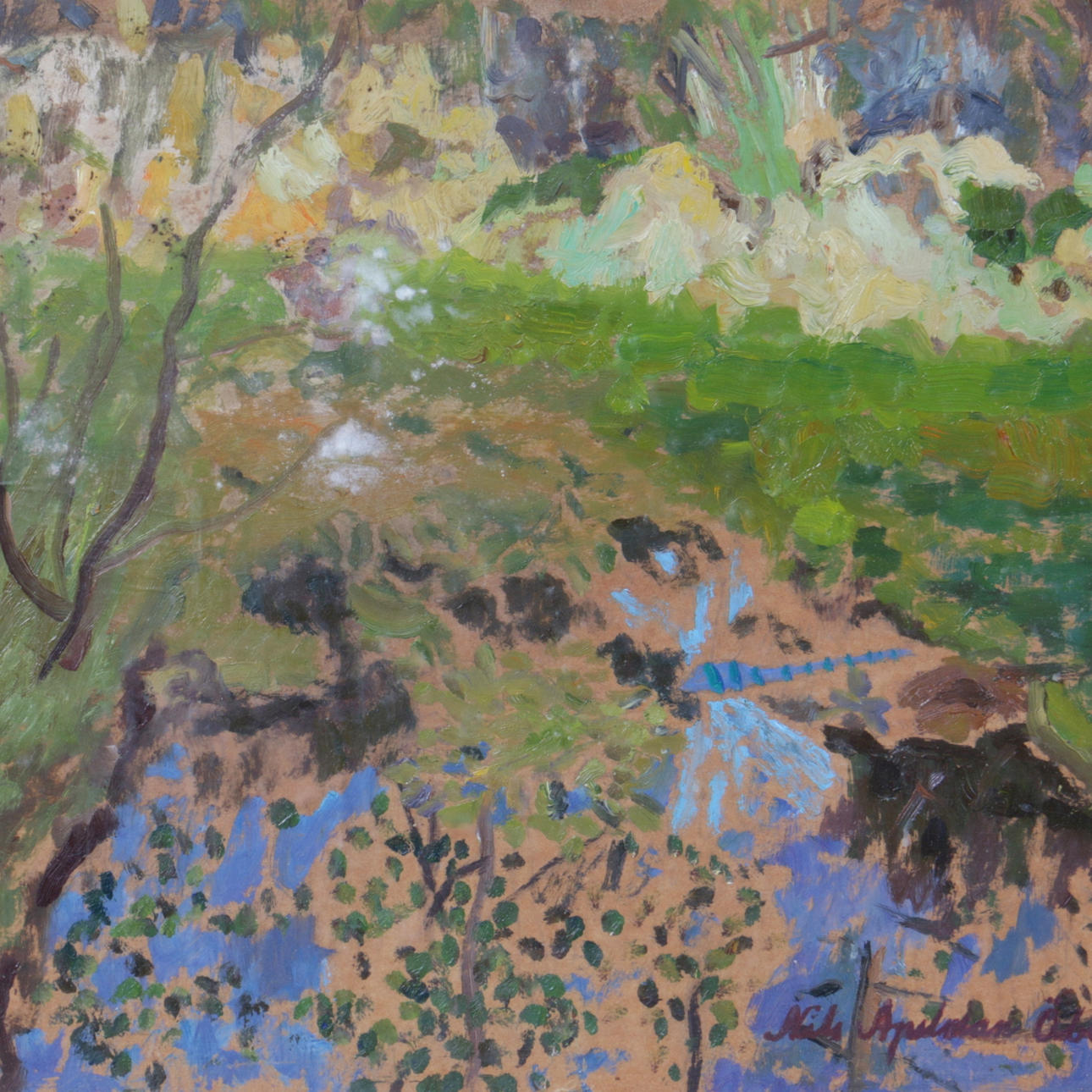 NILS APELMAN ÖBERG. Olja på pannå, landskap, signerad samt daterad 47.