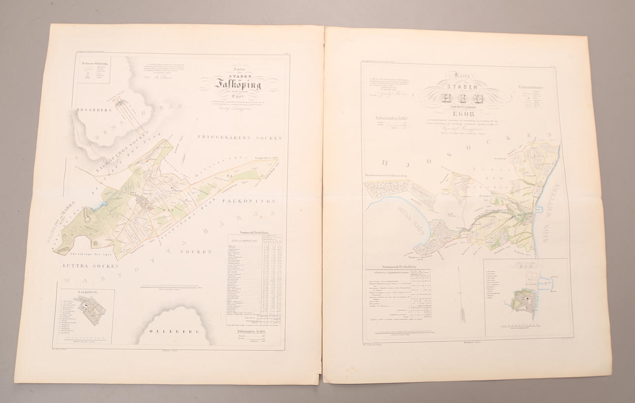 STADSKARTOR, 2 st, färglitografier, Falköping + Hjo, daterade 1856.