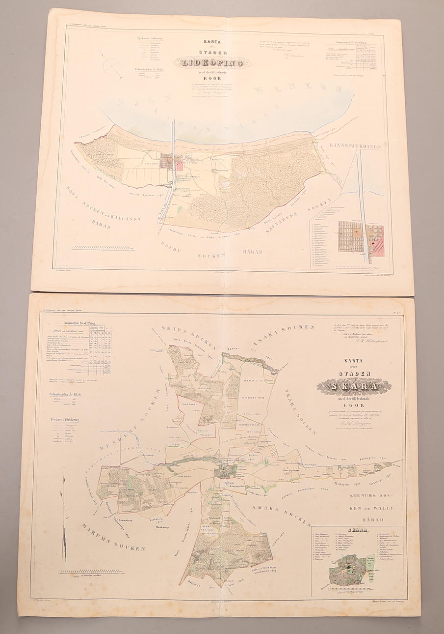 STADSKARTOR, 2 st, färglitografier, Lidköping + Skara, daterade 1856.