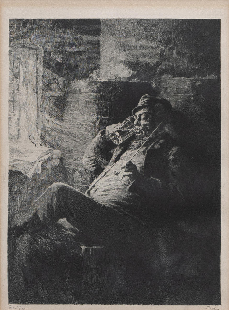 AXEL TALLBERG. Öldrickare, etsning, signerad.