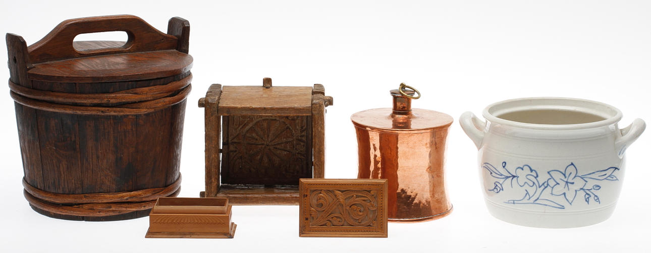 DIVERSE, 5 delar, ASK, dat. 1895, KRUKA, Rörstrand, OSTFORM och STÅNKA, 1800-tal, FLASKA, koppar.