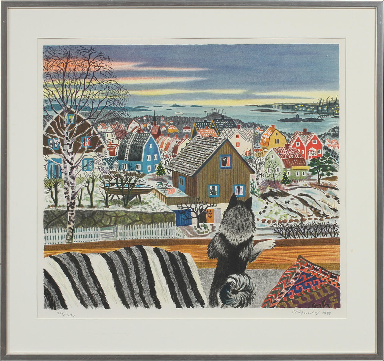 MONA HUSS WALIN. Utsikt över Göteborgs hamninlopp, färglitografi, signerad och numrerad 368/450.