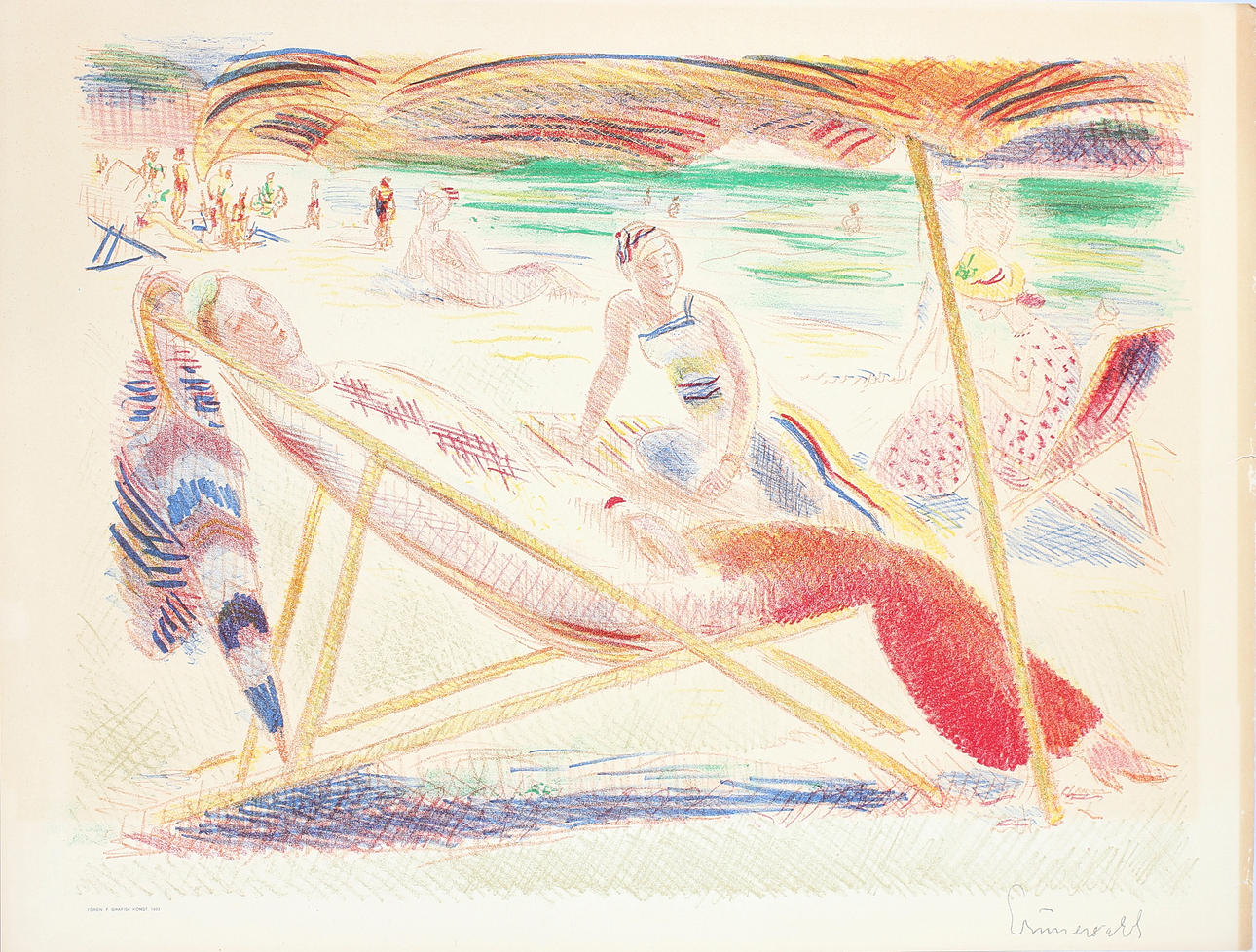 ISAAC GRUNEWALD. “Från Alassios badstrand”, litografi. FFGK 1933.