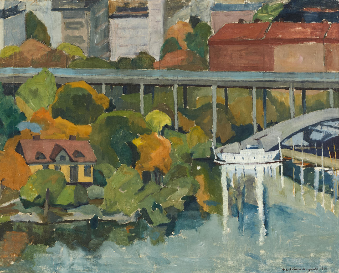 ASTRID HARMS RINGDAHL (1912-1984): “View towards the Västerbrofäste, signed and dated Astrid Harms Ringdahl 1966, oil on canvas.