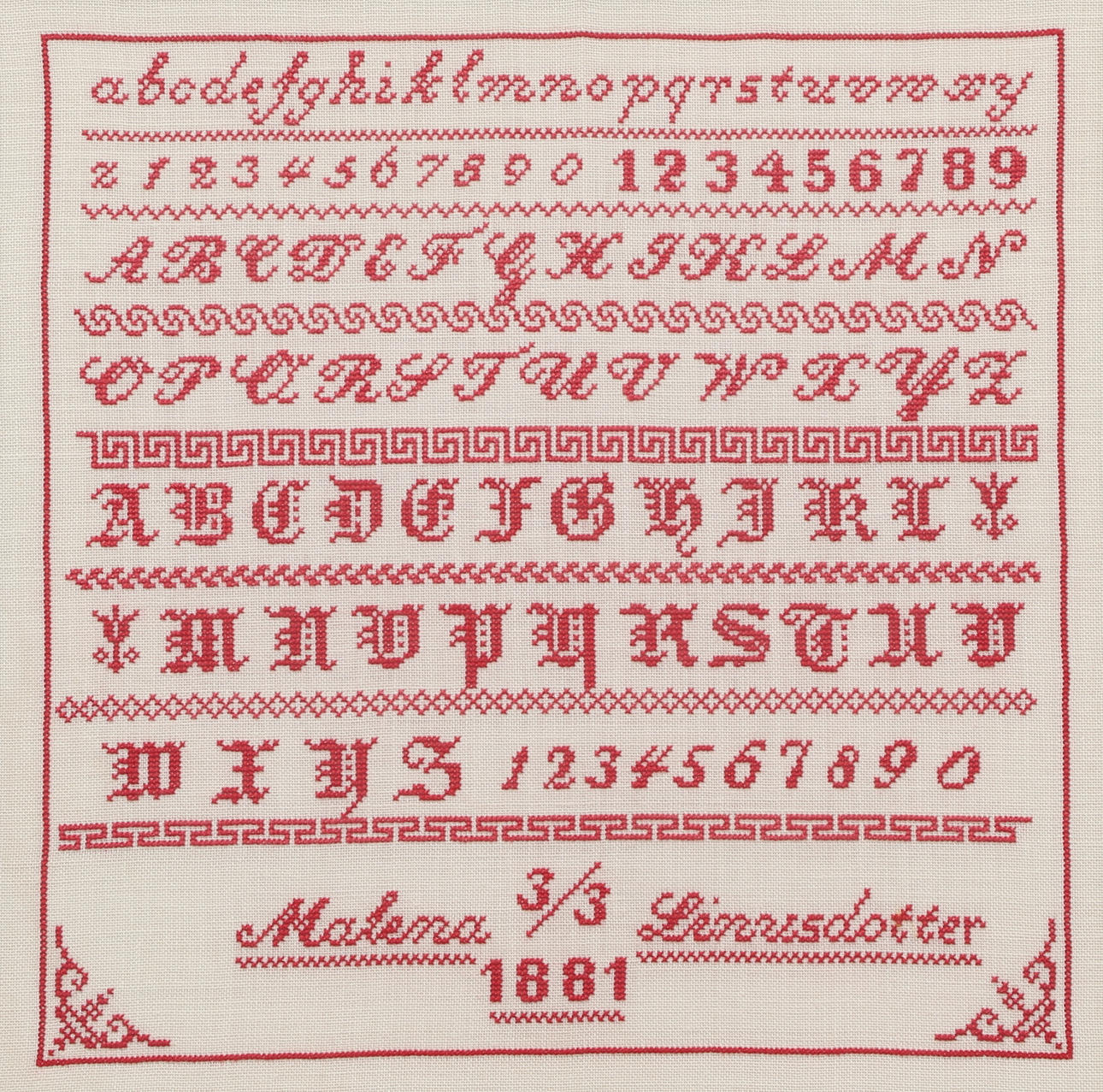 TAVLA, broderad, bokstäver och siffror, 1881.