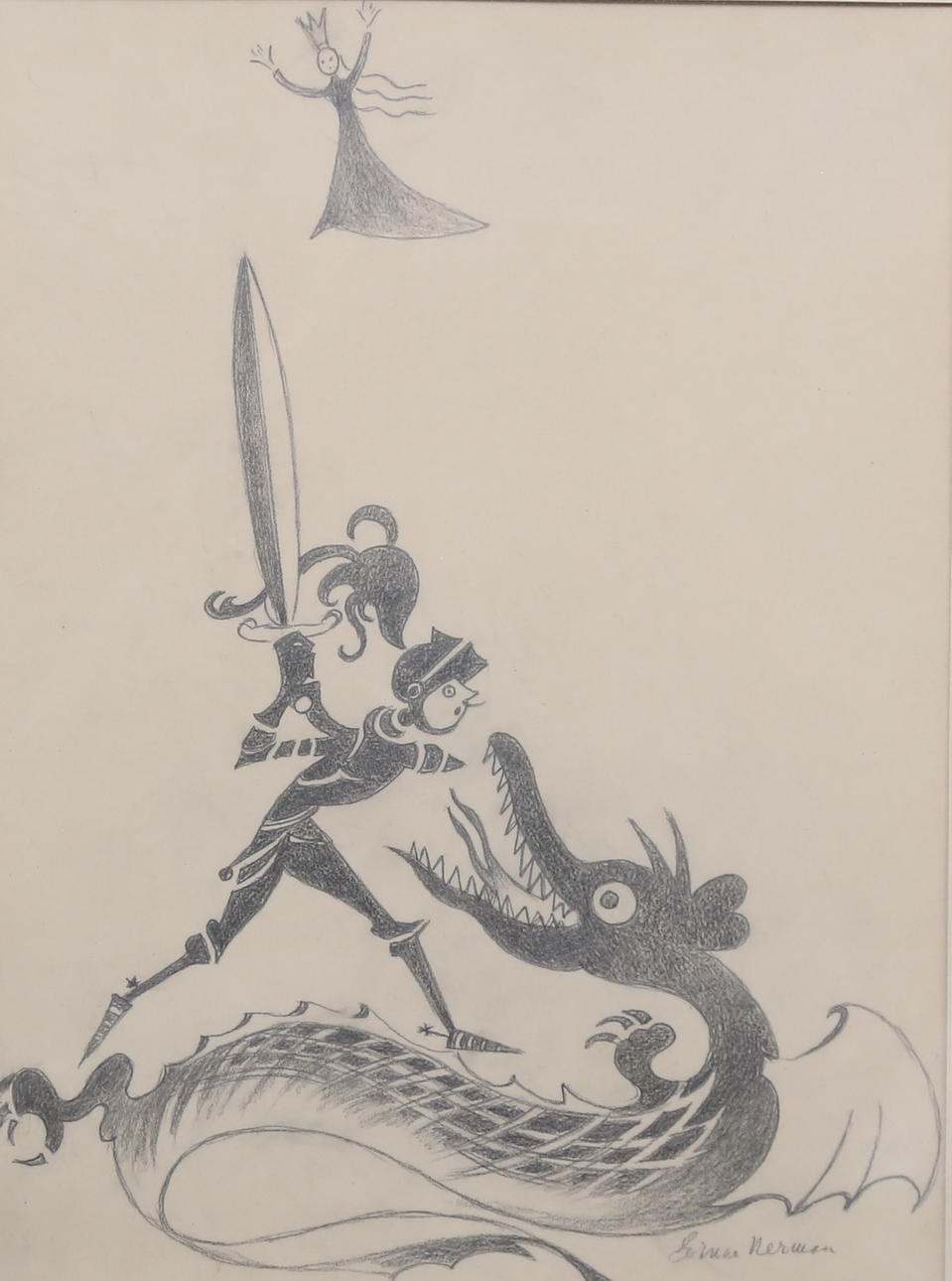 EINAR NERMAN. Teckning, Sankt Göran och draken.