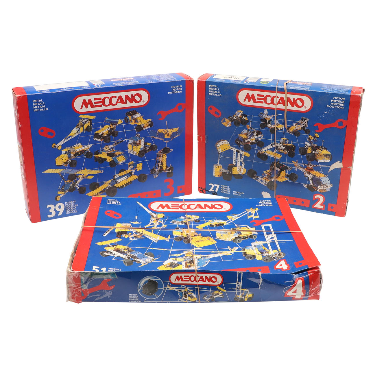 TRE BOXADE MECCANO KONSTRUKTIONSSATSER.