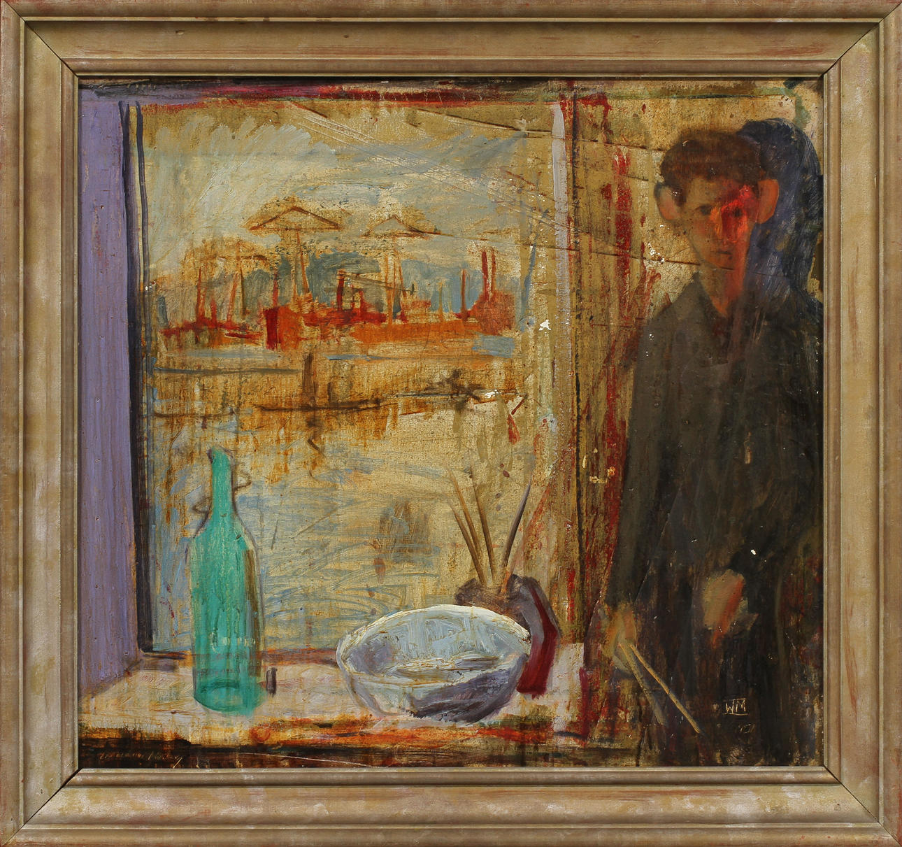 WALDEMAR MARBERG. Fönsterutsikt. Olja på pappannå, monogramsignerad.