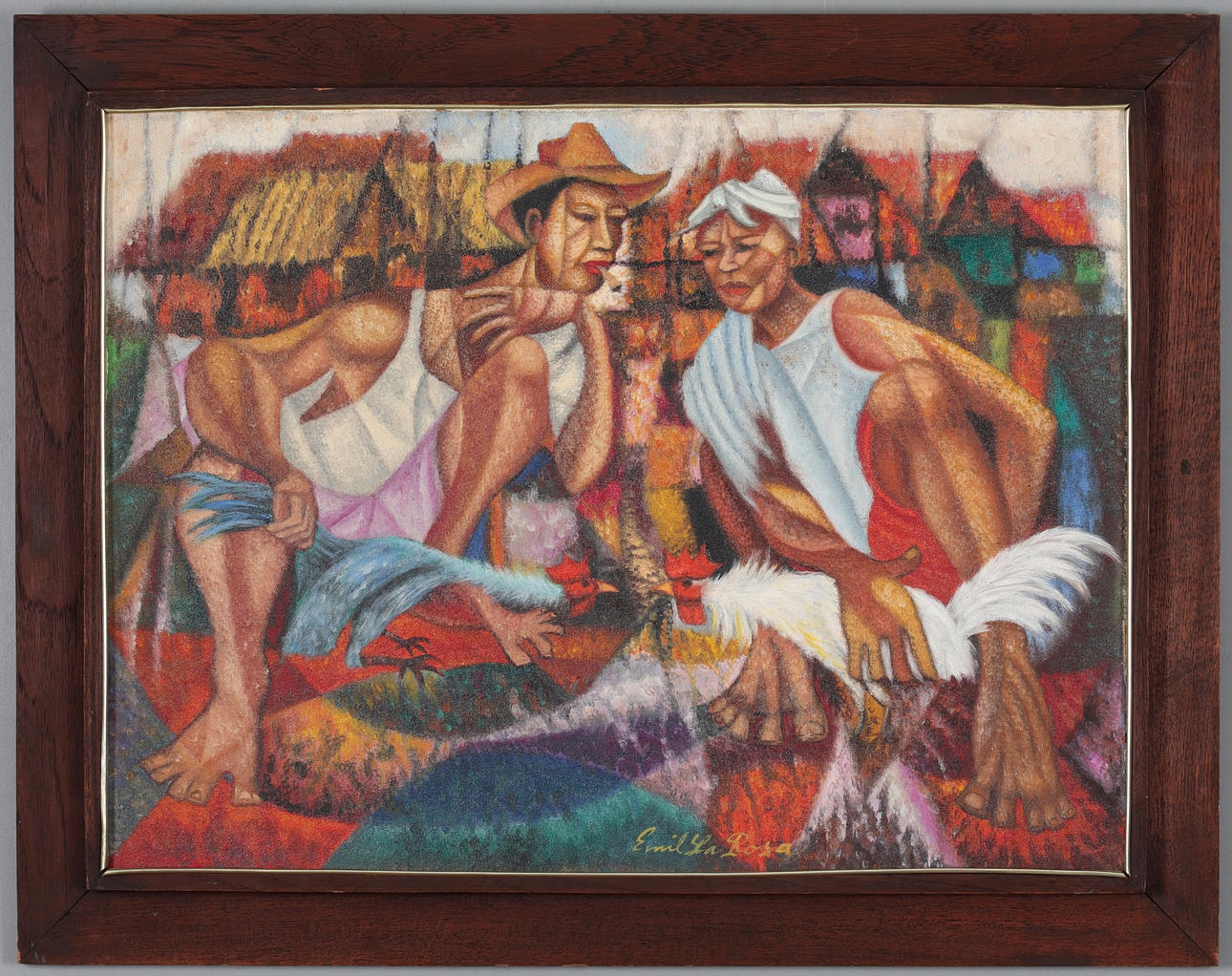 EMIL LA ROSA. Cockfighting, oil on panel, signed.