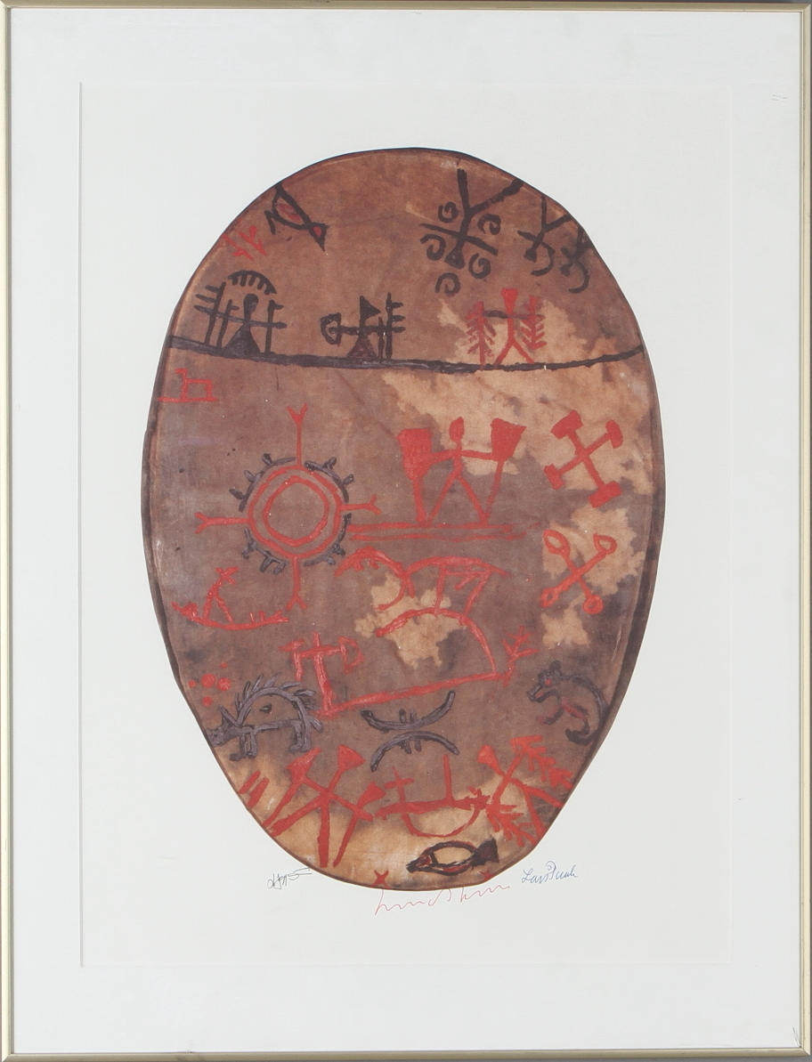 AFFISCH, Samisk trumma, signerad Bengt Lindström, Lars Pirak samt Lars J:son Nutti.