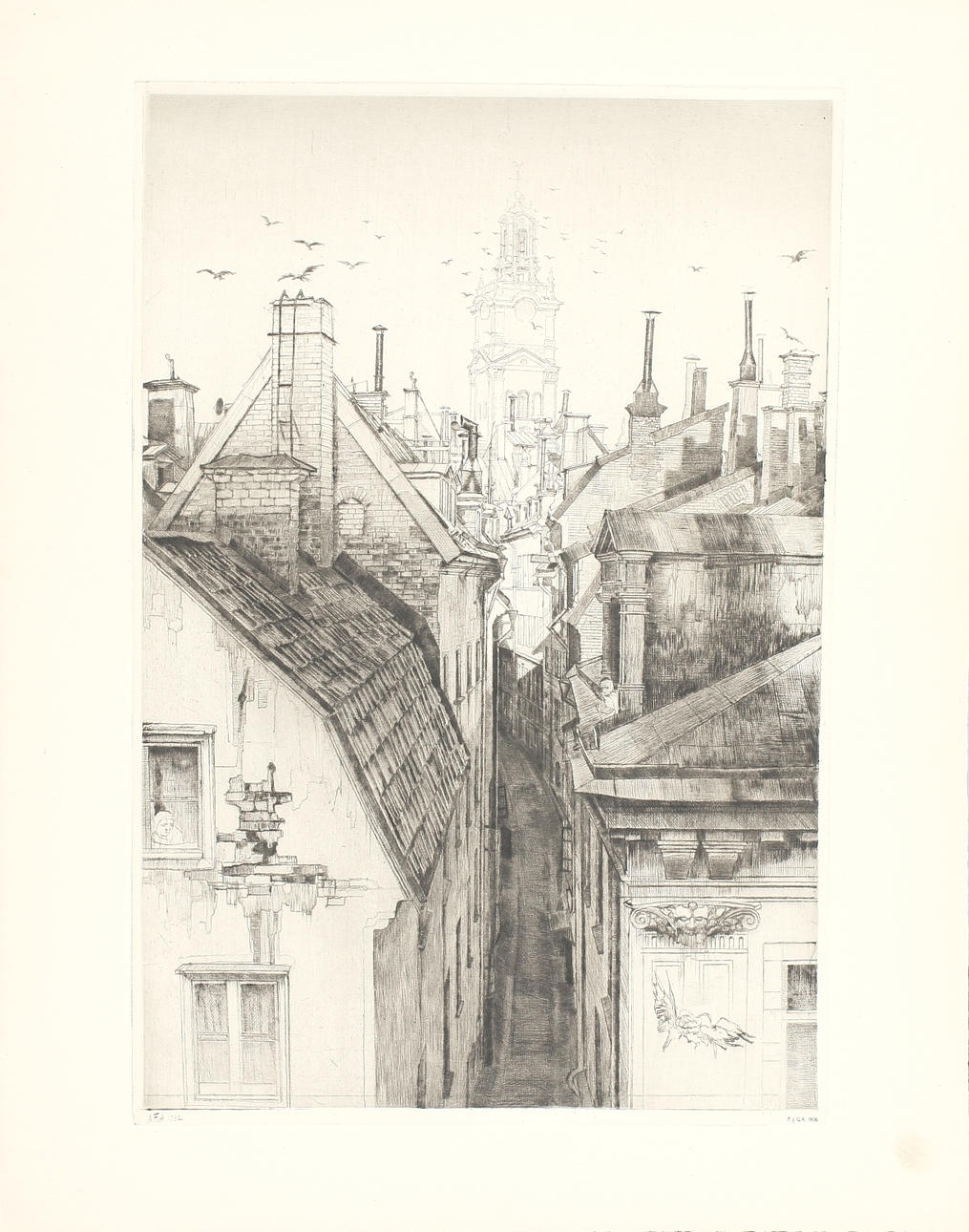 AXEL FRIDELL. "Göran Helsinges gränd" Stockholm, torrnål, signatur i plåten A. Fridell 1932 samt F.f.G.K. 1936.