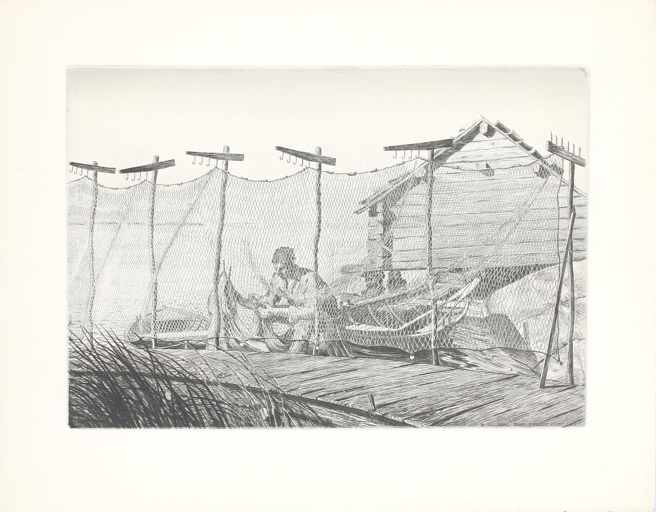 HARALD SALLBERG. Fiskare lagar nät, etsning, signatur i plåten samt Föreningen f. Grafisk konst, 1956.