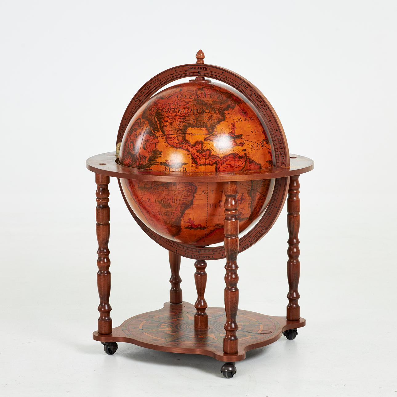 A wooden bar globe with a map and zodiac sign, second half of the 20th century.