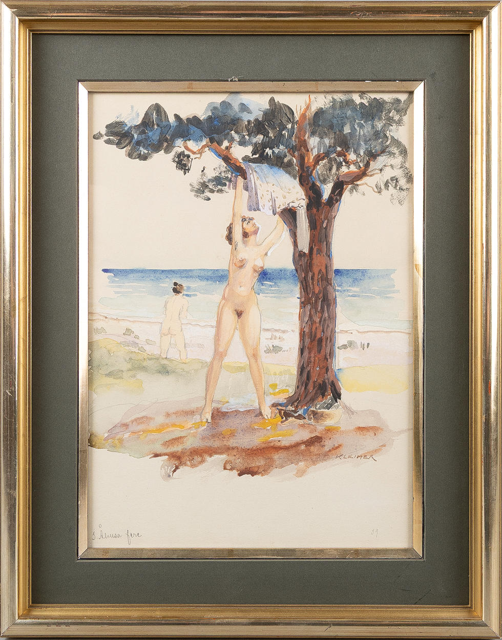 AXEL KLEIMER. 2 kvinder på stranden, akvarel.