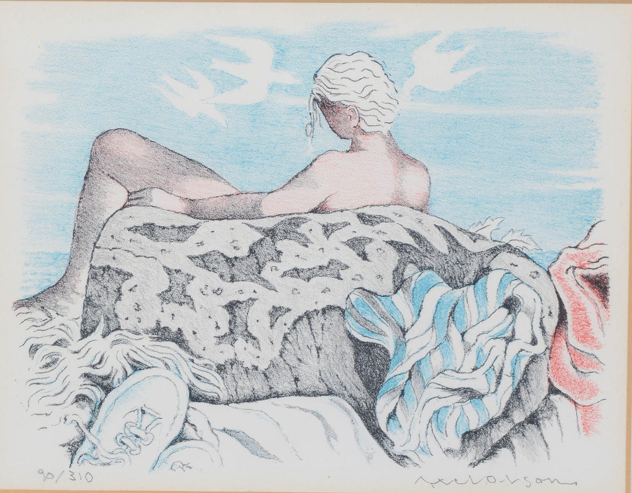 AXEL OLSON. Klippbad, Lithograph in colours, signed, numbered 90/310.