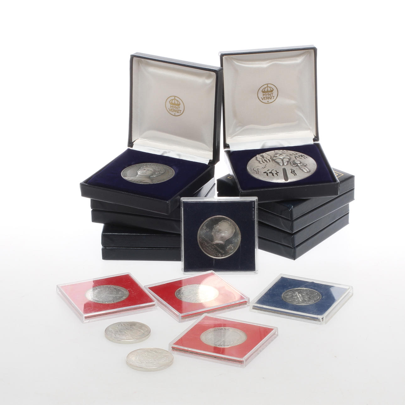 MYNT OCH MEDALJER, 13 delar, Svenska silvermedaljer samt jubileumsmynt, 925-999/1000 silver.