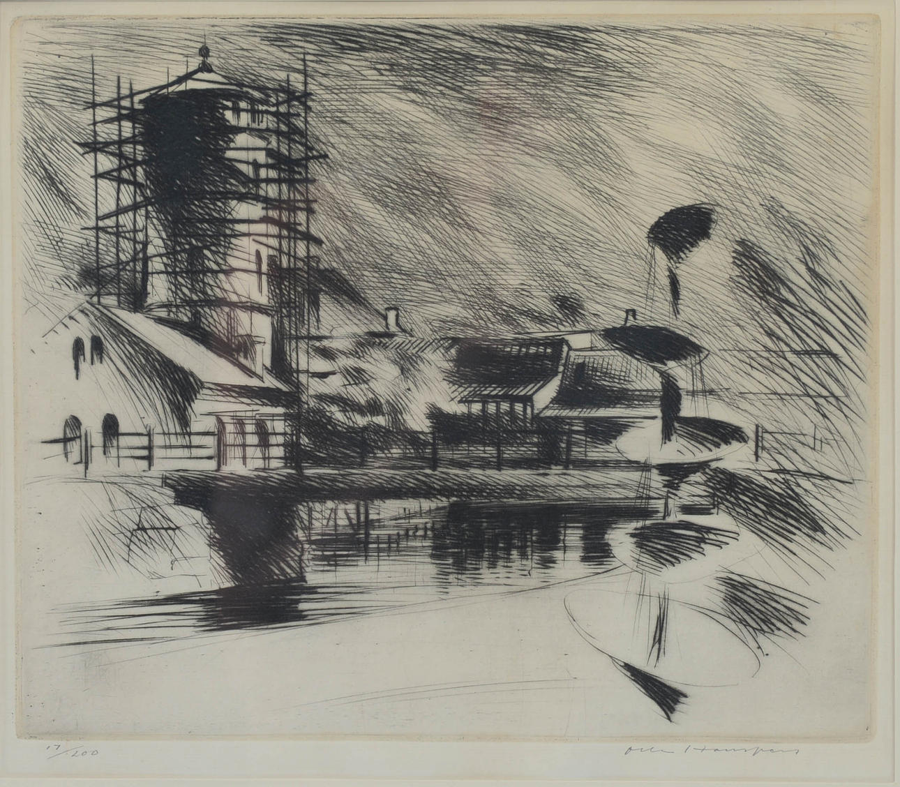 OLLE HANSPERS. City view, etching, signed, numbered 17/100.