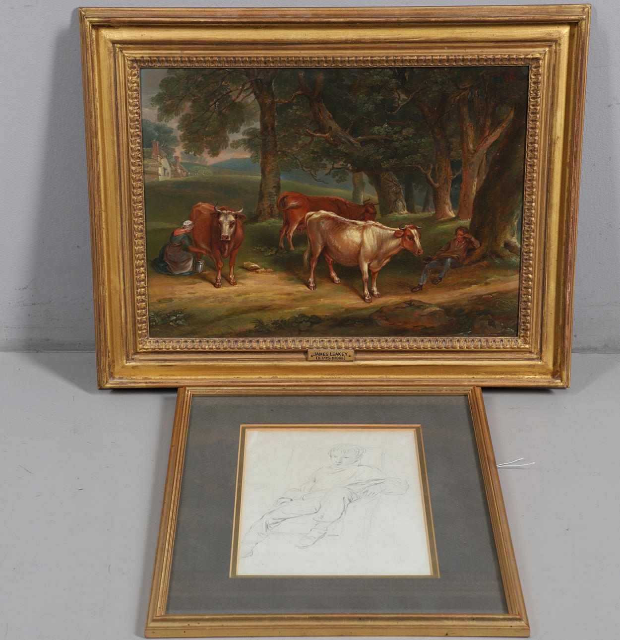 JAMES LEAKEY (1775-1865). STUDY OF A MILKMAID AND HER COWS.