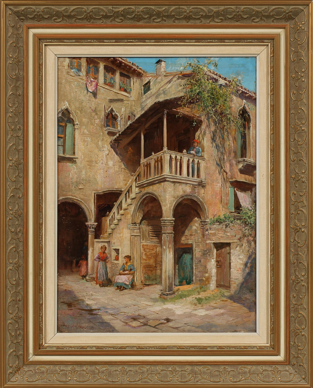 TREVOR HADDON. Italiensk gårdsvy, olja på duk, signerad.