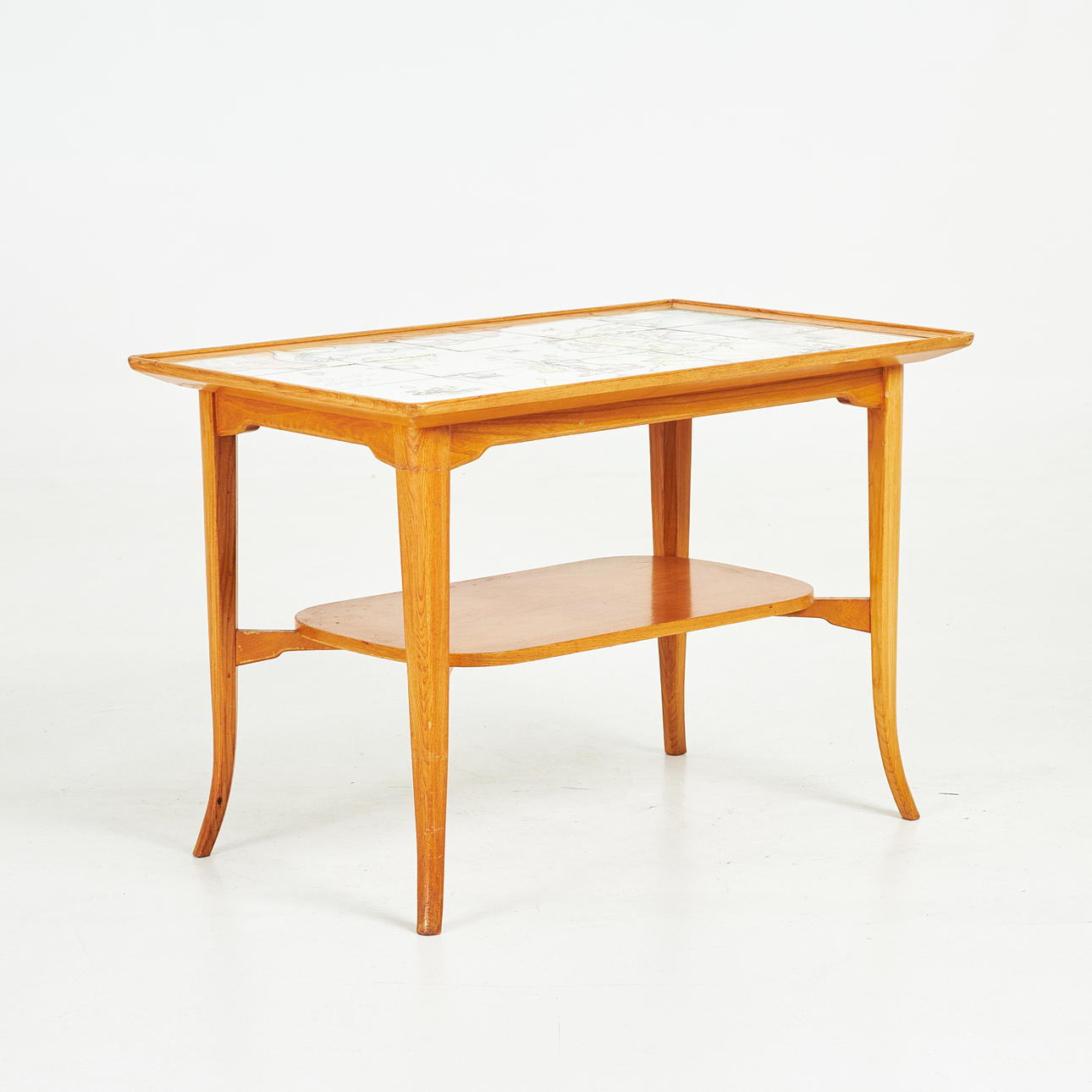 TILED TABLE. Nordiska Kompaniet, 1940s/50s, elm, tiled table top later painted with European map, tile marked.