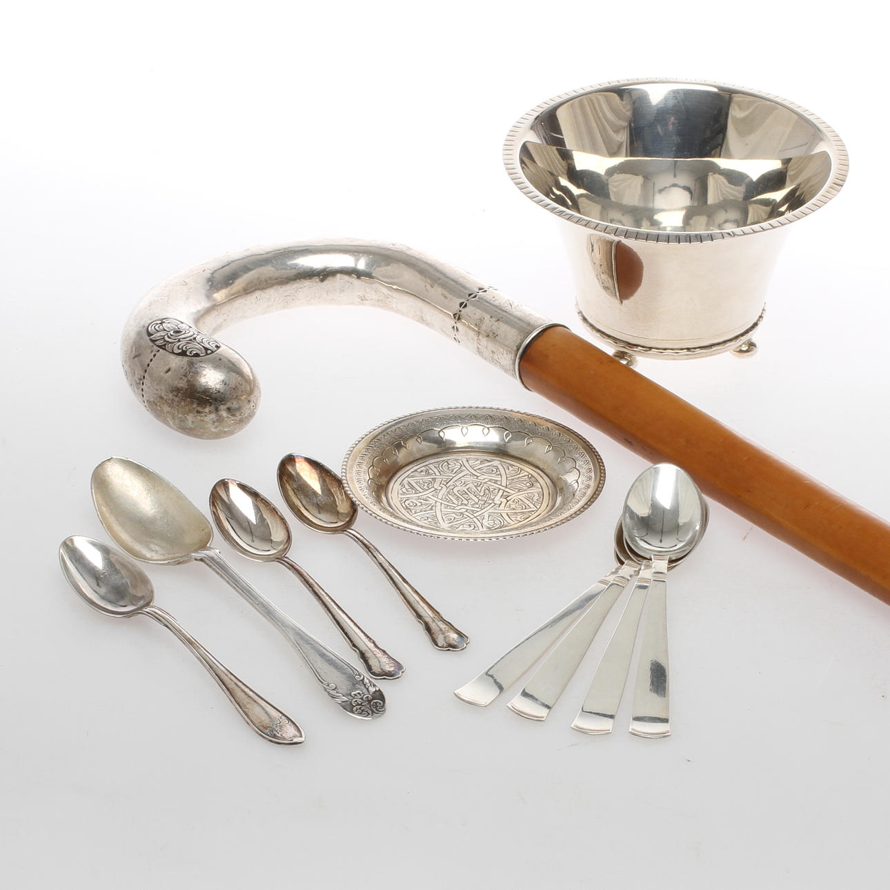 PARTI SILVER, 11 delar, bla käpp med silverkrycka, 1900-tal.