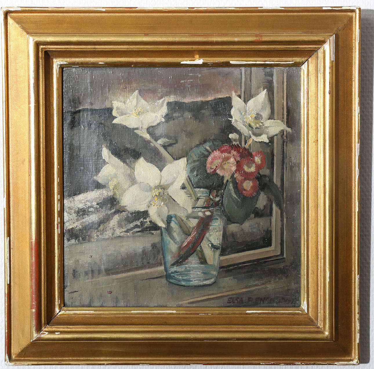 ELSA FLENSBURG. Olja på duk, "Julrosor och Bellis", signerad E Flensburg.