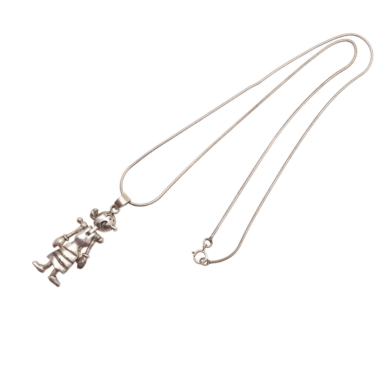 A SILVER POPEYE'S OLIVE OYL MOVABLE PENDANT.