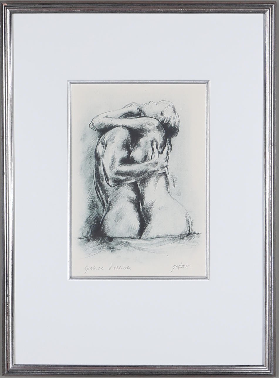 GUDMAR OLOVSON. Omfamnande par, aquatint, signerad.