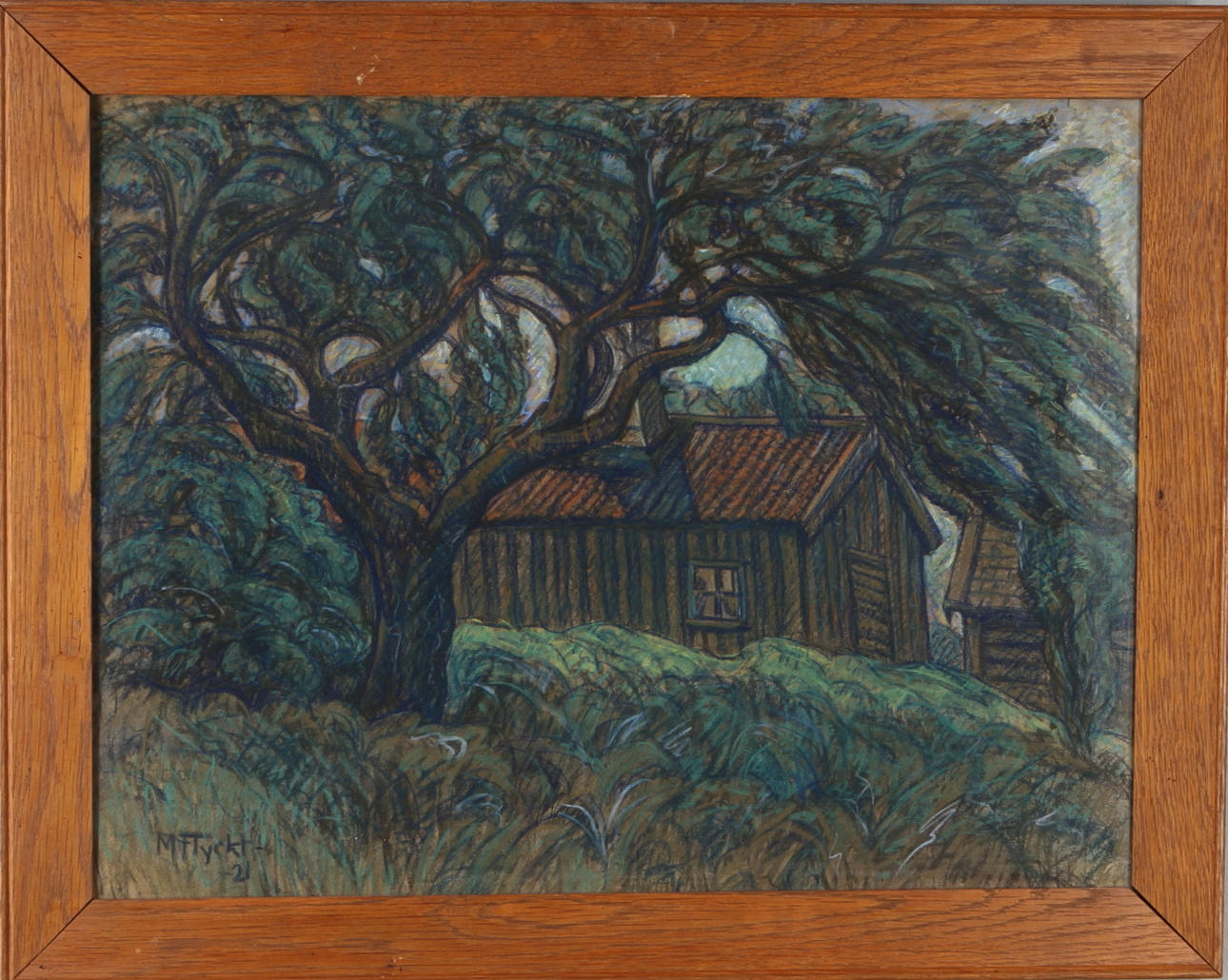 MANFRED FLYCKT. Landskap med stuga, pastell, signerad samt daterad -21.