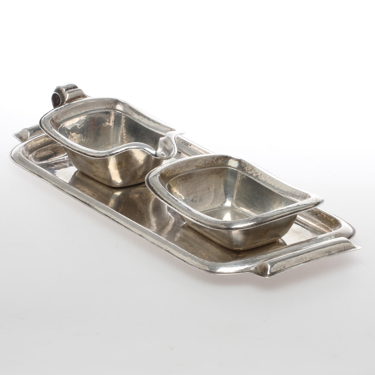 BRICKA, SOCKERSKÅL samt GRÄDDKANNA, silver, troligen Bruckmann & Söhne, Tyskland.