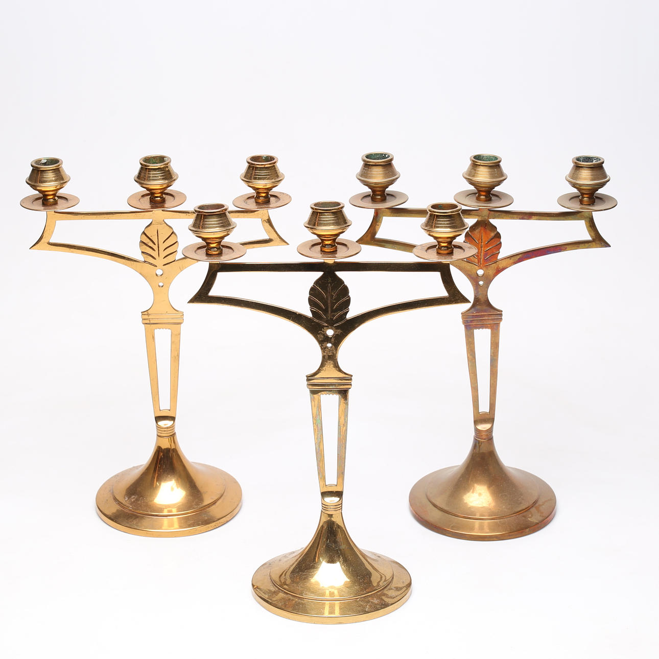 KANDELABRAR, 3 st, jugendstil, mässing, 1900-tal.