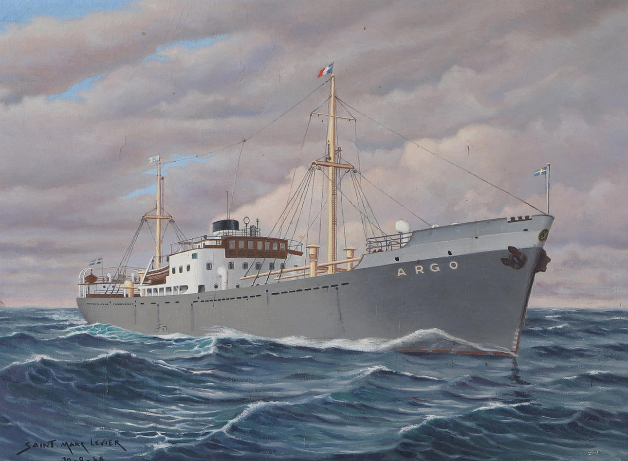 MARC LEVIER. “M/S Argo”, oil on canvas, signed.